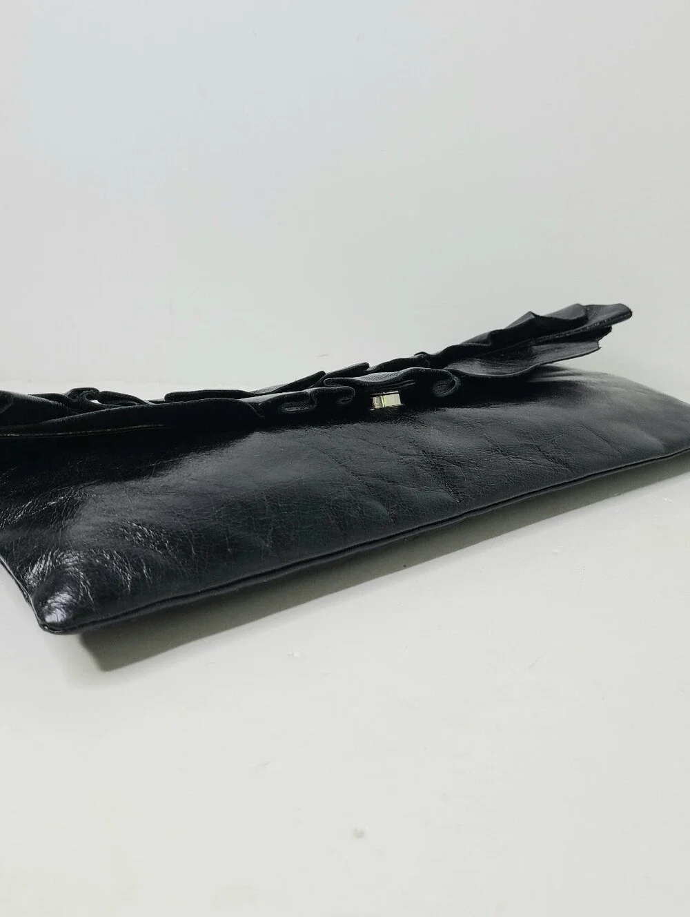 HOBO International Black Genuine Leather Ruffle Clutch Bag